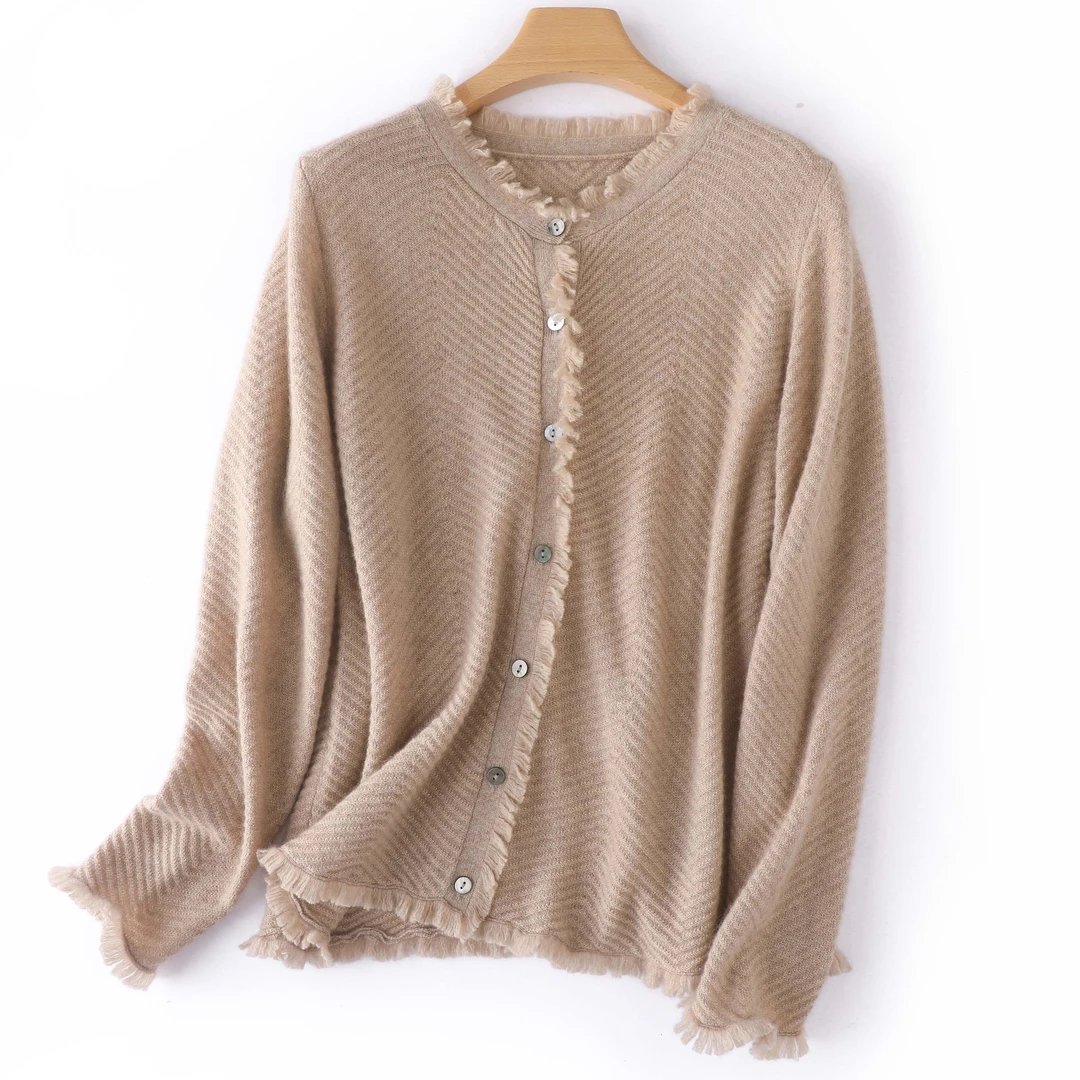 绒匠精纺羊绒开衫女 小香风流苏百搭外套100纯山羊绒金丝针织开衫