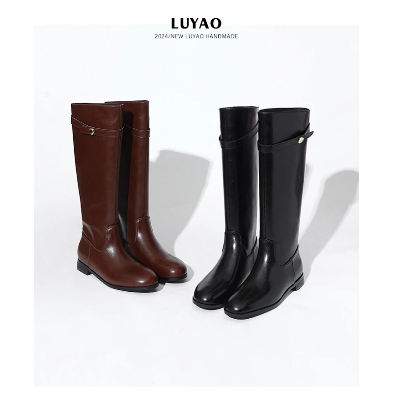 2.5cm/全牛皮转角巴黎金币粗跟厚底中长筒骑士靴女秋冬高筒长靴