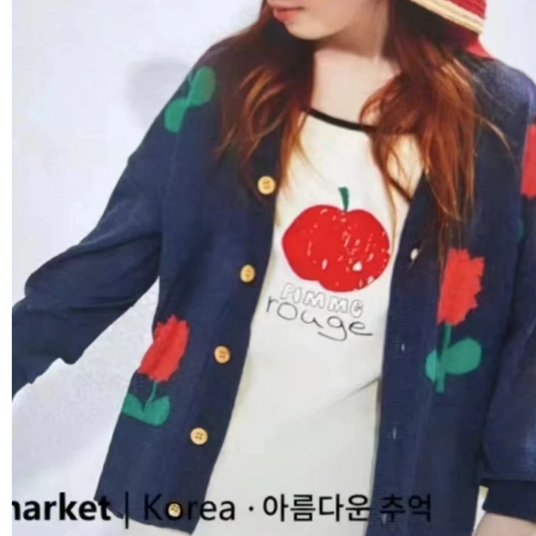 豆豆  藏青满印小花开衫飞袖背心套装