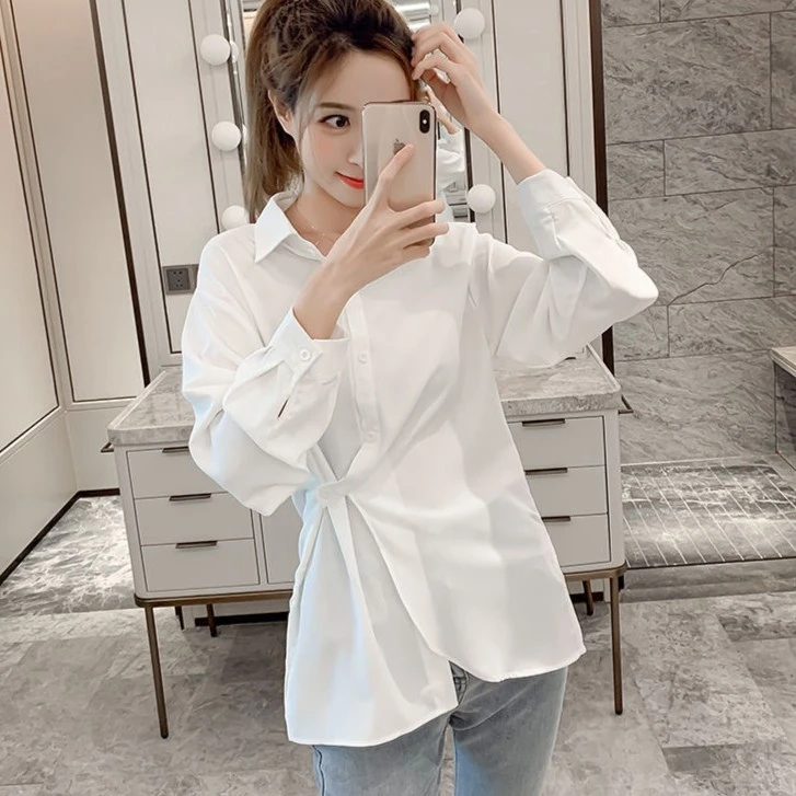 设计感纯色不规则女翻领春秋小众收腰白色雪纺气质长袖女衬衫显瘦