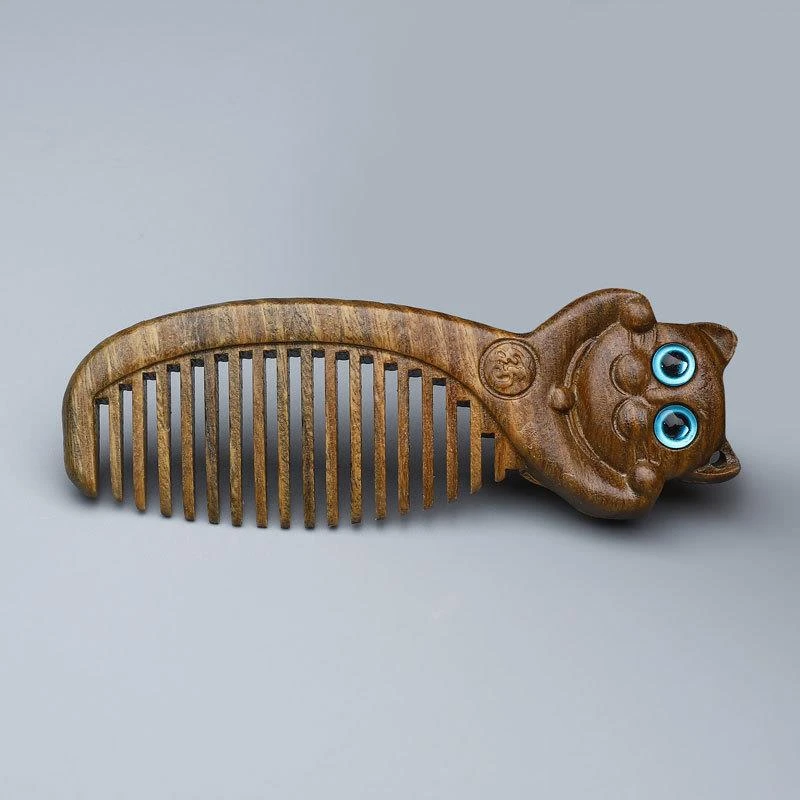 天然绿檀木梳子古典风双面雕刻迷你小巧梳檀木福猫报喜刘海梳随身