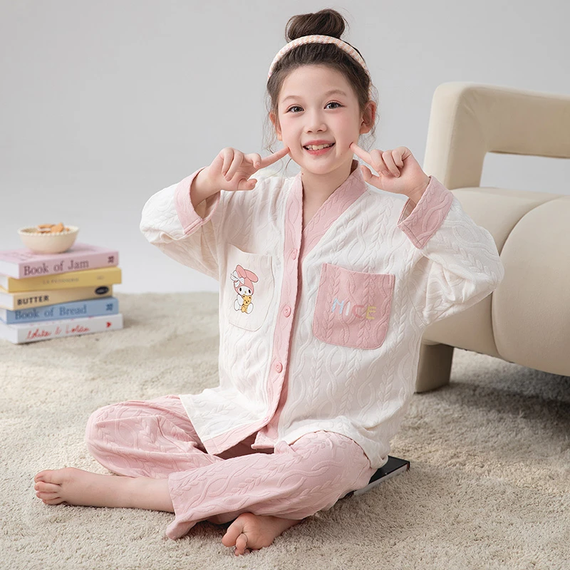 儿童睡衣女童春秋季加厚提花纯棉长袖中大童女孩亲子家居服套装厚