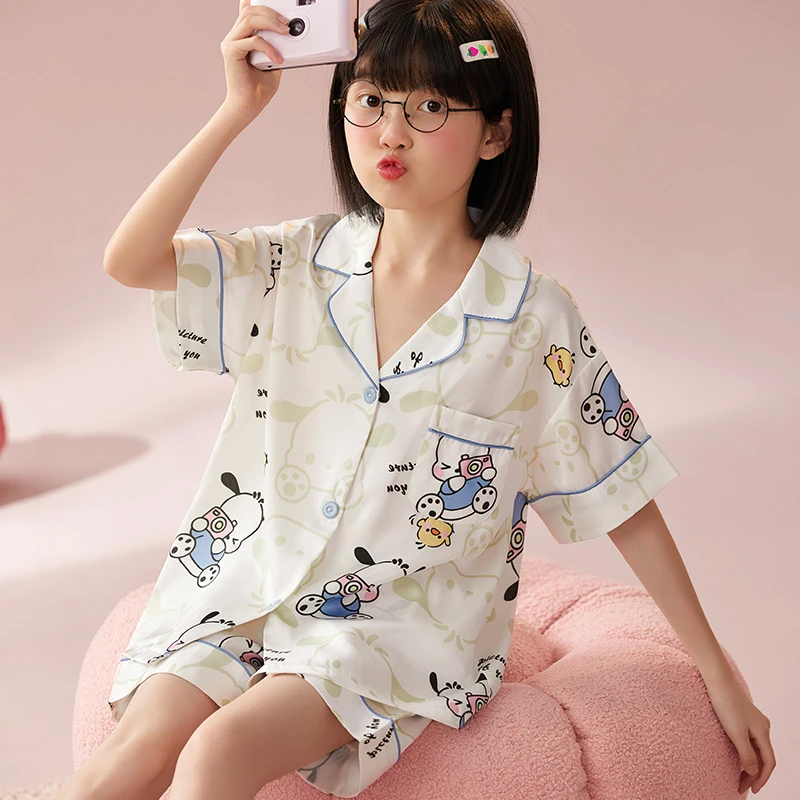 冰丝女童睡衣夏季薄款儿童亲子短袖女孩夏天可外穿家居服套装童装