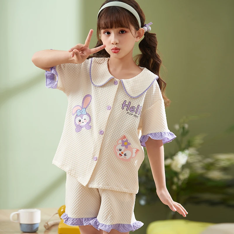 女童睡衣夏季薄款儿童短袖梭织亲子夏天中大童女孩甜美家居服套装