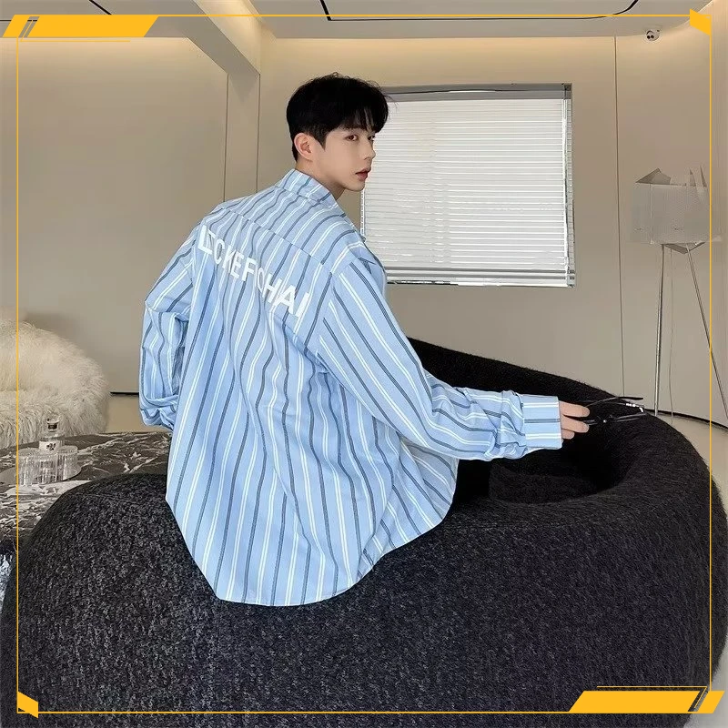 【小扬哥推荐】overesize条纹衬衫外套男秋季复古印花长袖衬衣男宽