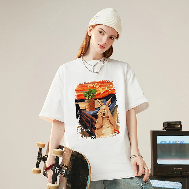 Nuthink欧美潮流夏季宽松情侣装半袖国潮油画兔子新潮男装短袖T恤