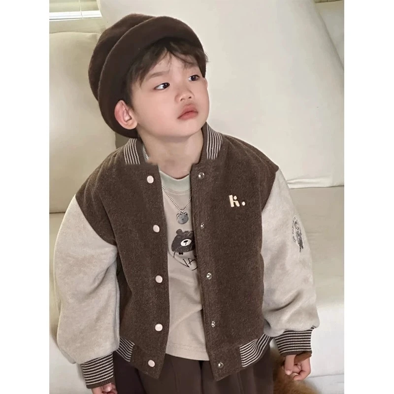 韩范童装男童加绒外套秋冬洋气儿童棒球服宝宝时髦休闲拼色上衣