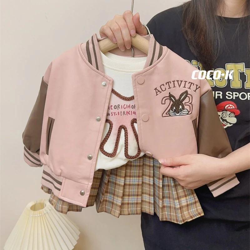 女童pu皮外套2025春秋新款韩版中小童洋气可爱兔子棒球服皮夹克