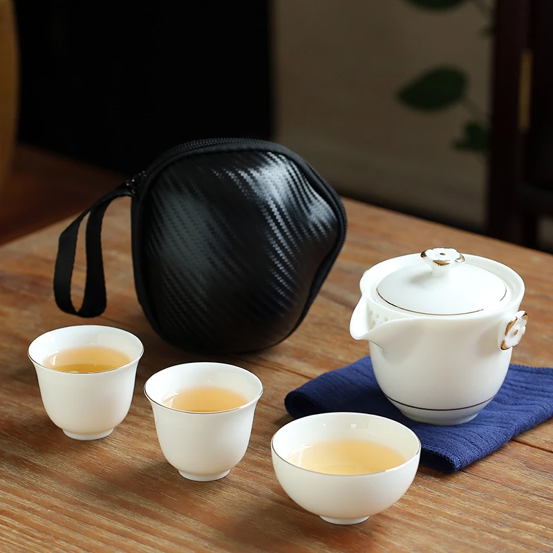 羊脂玉白瓷快客杯一壶三杯户外便携式旅行茶具套装伴手礼礼品定制