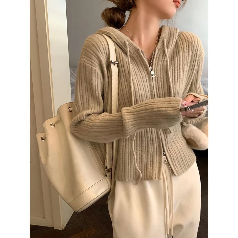 秋冬韩系chic双拉链连帽针织开衫女春秋季短款毛衣外套上衣女