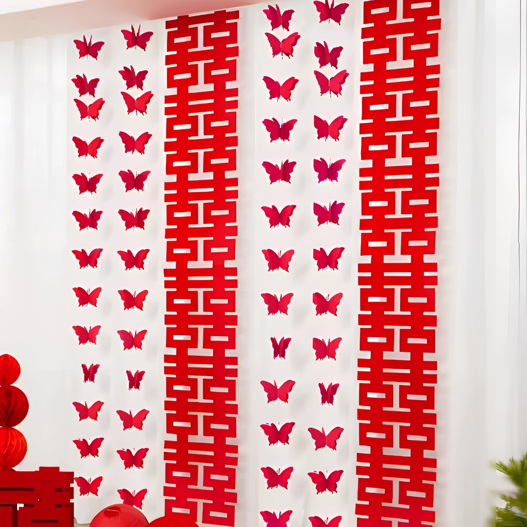 结婚婚房窗帘装饰红色立体蝴蝶喜字红色桃心