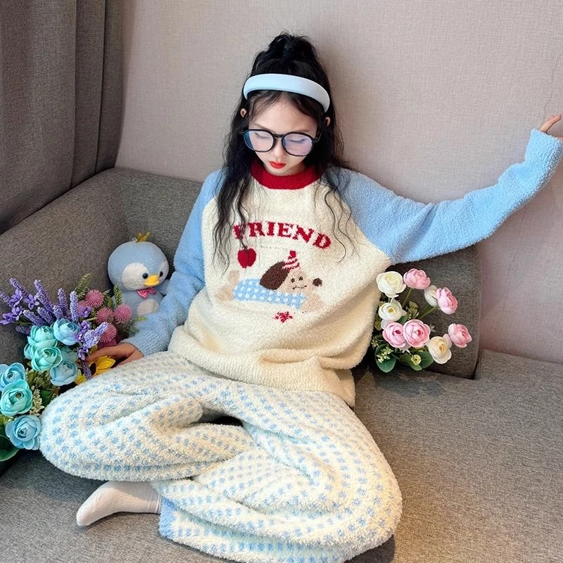 女童加绒睡衣2024新款大童女孩秋冬款半边绒保暖家居服儿童绒睡衣