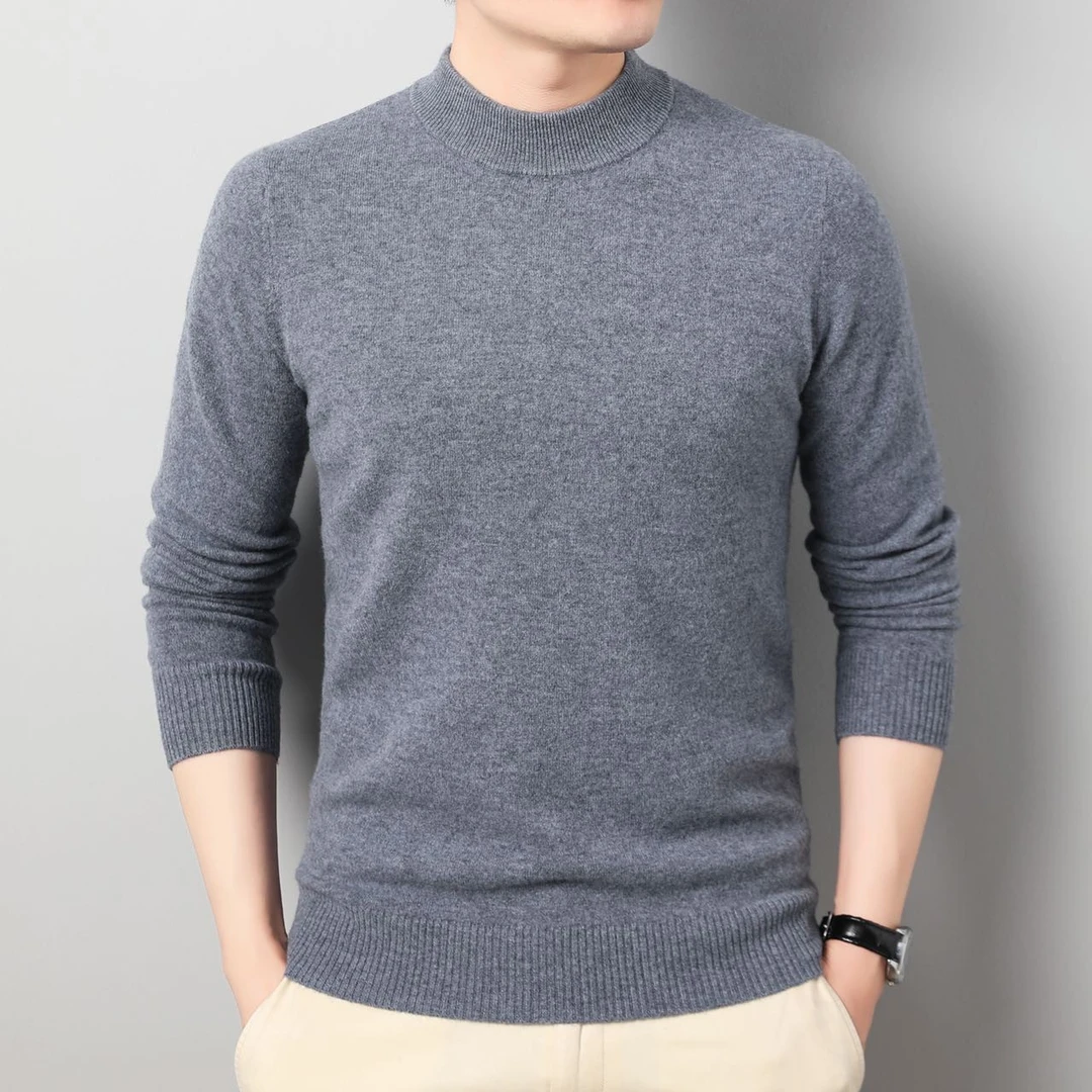 男士秋冬半高领休闲百搭时尚纯色保暖100%纯羊毛无痕高端针织衫
