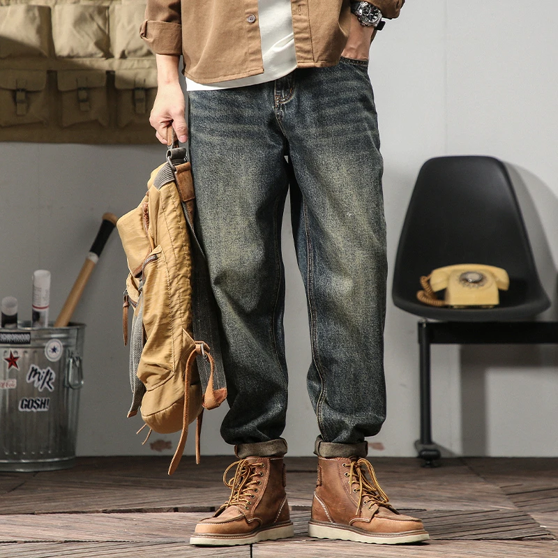 2024秋季新款复古做旧牛仔裤男款美式重磅裤子宽松直筒男士休闲裤