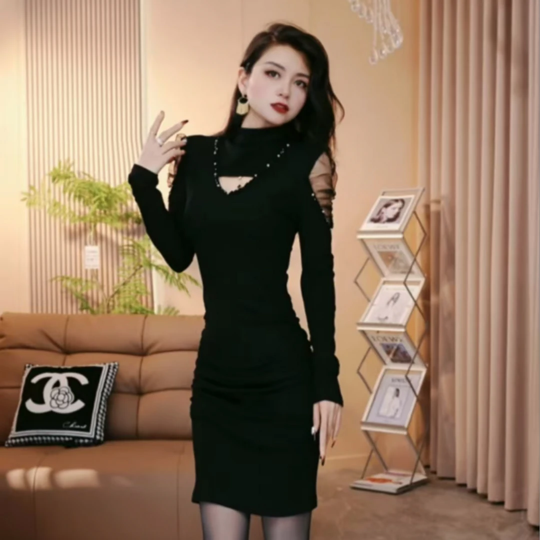 燕子家 重工镶钻网纱袖泡泡袖连衣裙镂空半高领连衣裙