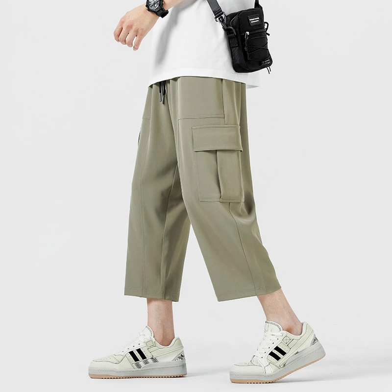 夏季七八分裤男士冰丝速干薄款宽松直筒工装休闲运动九分潮阔腿裤