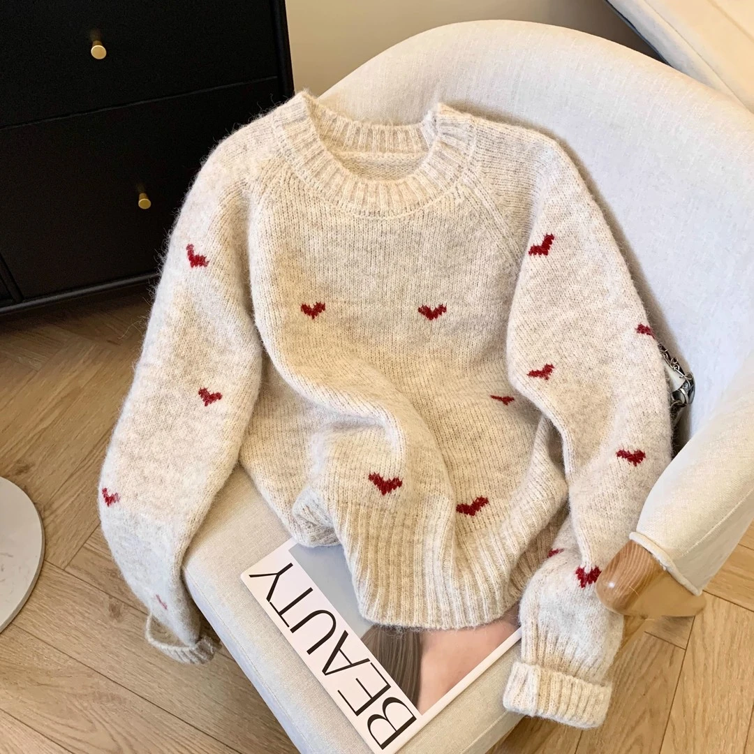 温柔风爱心刺绣马海毛毛衣女秋冬慵懒高级感套头毛衫软糯针织上衣