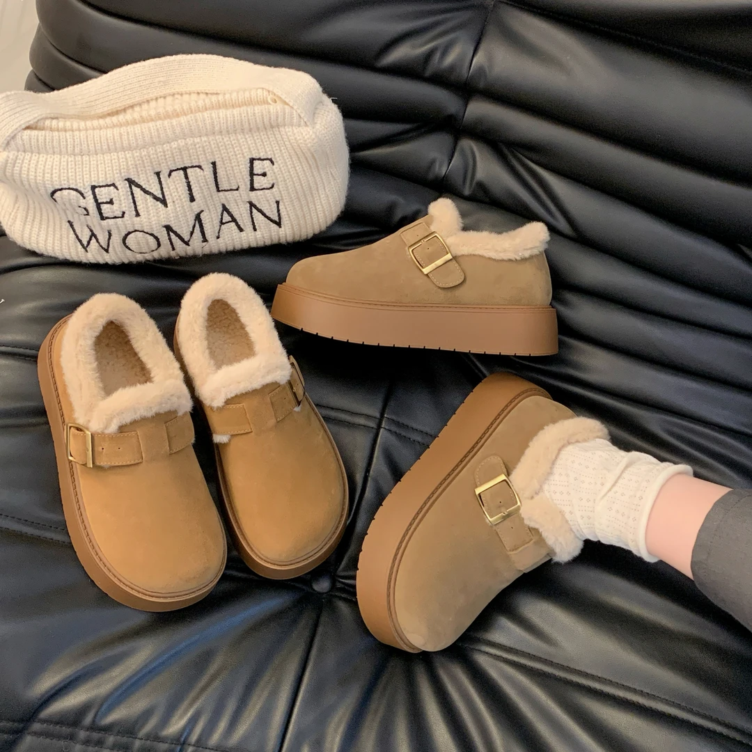 全包勃肯鞋女2024年新款冬季一脚蹬加绒乐福鞋厚底雪地靴保暖棉鞋