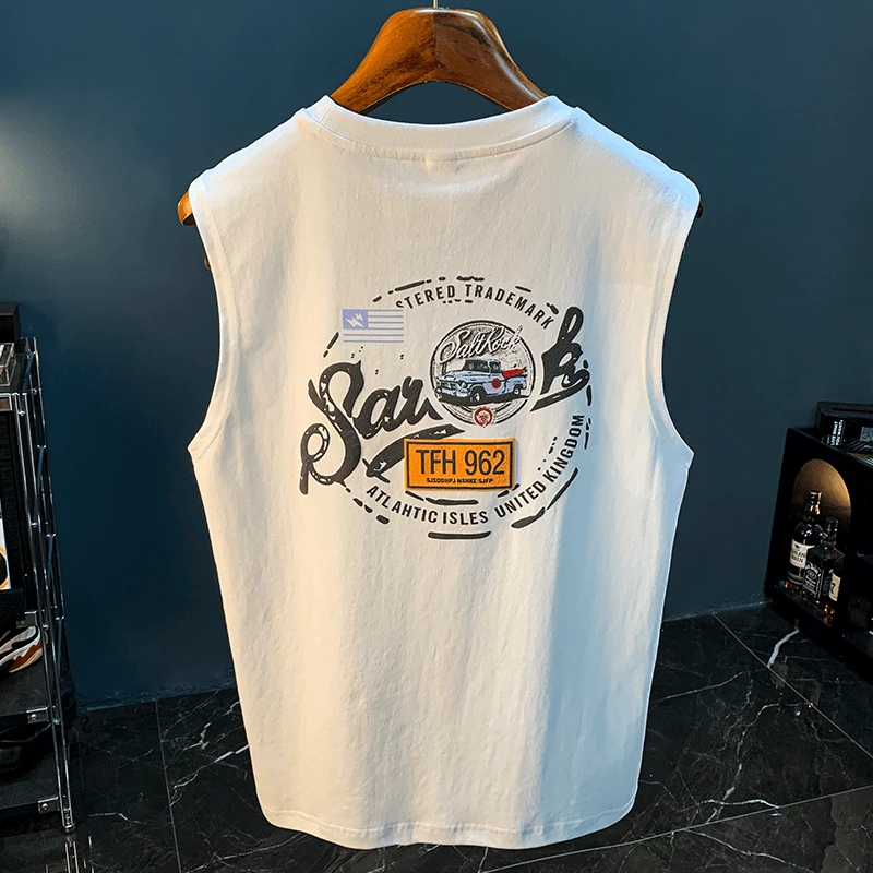 宽松美式背心男夏季潮流印花无袖T恤重磅坎肩休闲运动汗衫体恤男