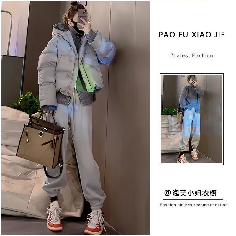 纯欲风辣妹秋冬套装女2024新款韩版棉衣外套上衣针织衫裤子三件套