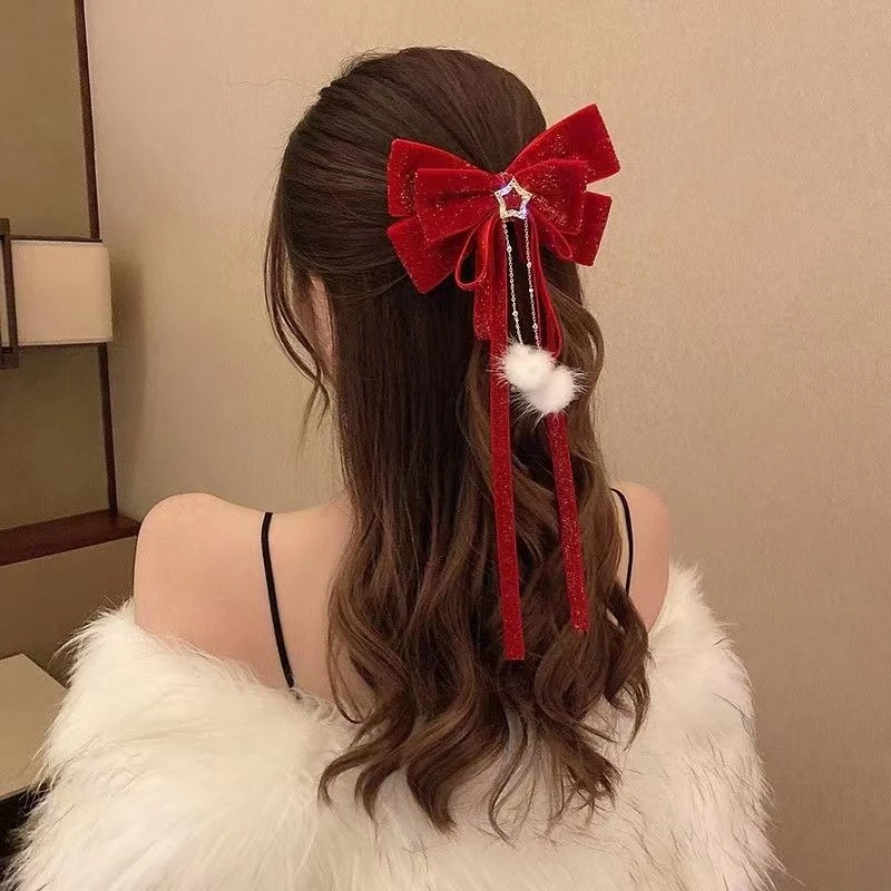 秋冬红色丝绒蝴蝶结发夹女敬酒服头饰高级感新娘后脑勺半扎发卡子
