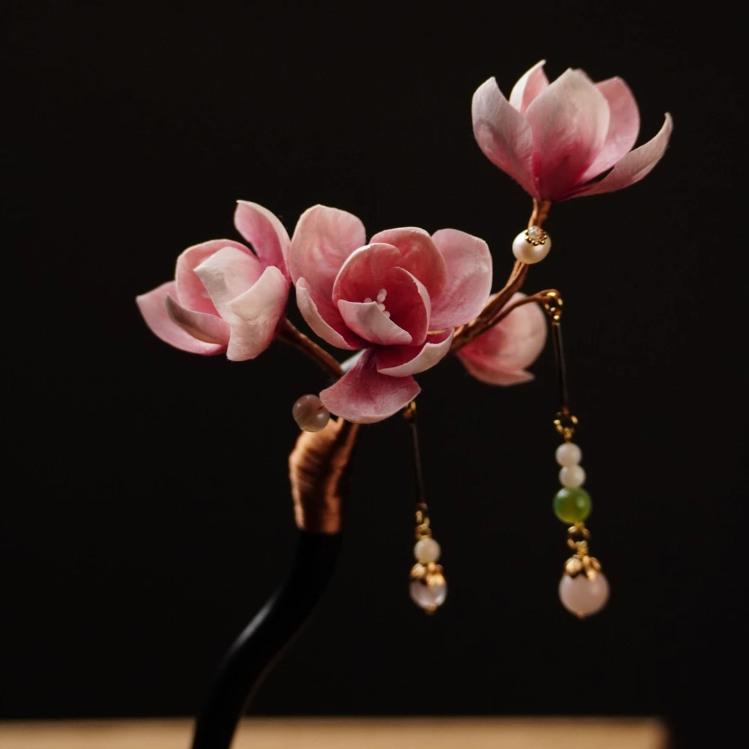 粉玉兰发簪非遗绒花发饰头饰南京绒花手工艺品国风古典风新中式