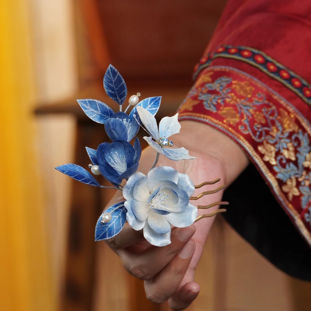 青花瓷色 插梳 非遗绒花南京绒花国风手工艺品