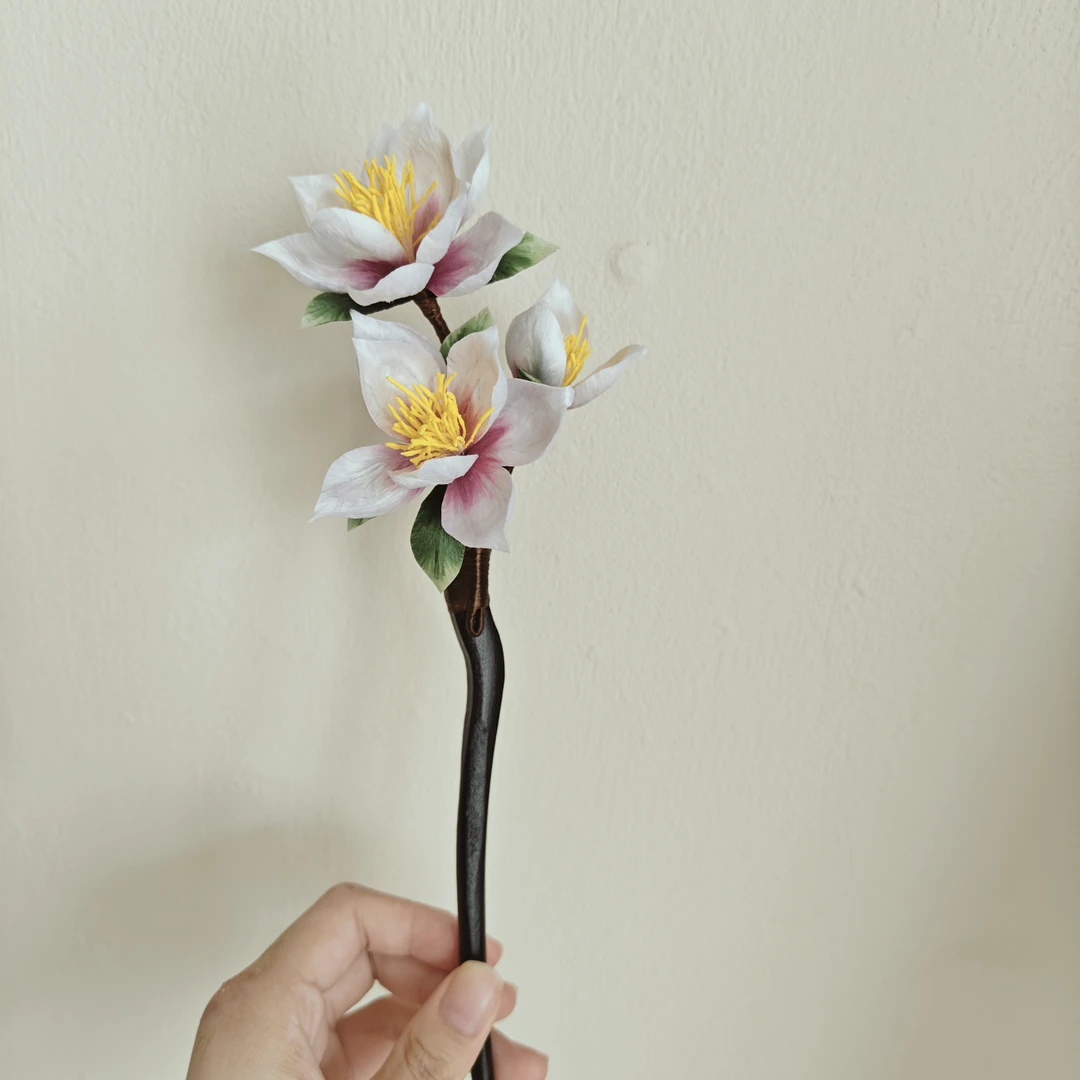 白紫渐变玉兰花发簪 非遗绒花手工艺品 日常服饰配饰