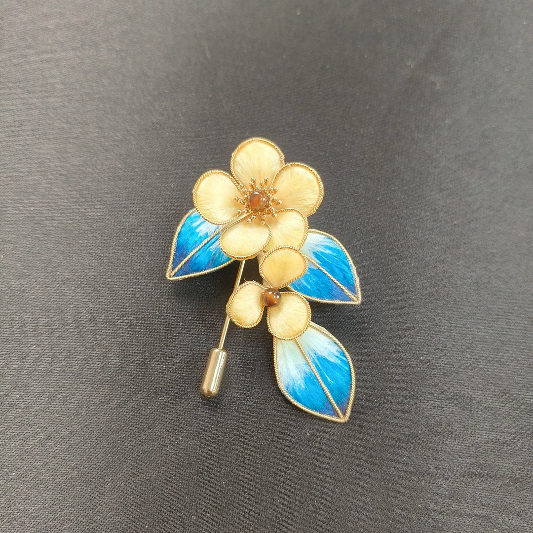非金属木质胸针 花枝掐丝绒花胸针手工艺品