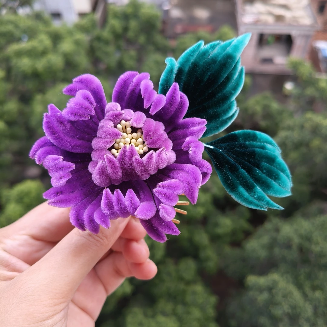 紫绒 非遗绒花 汉服旗袍配饰 手工艺品