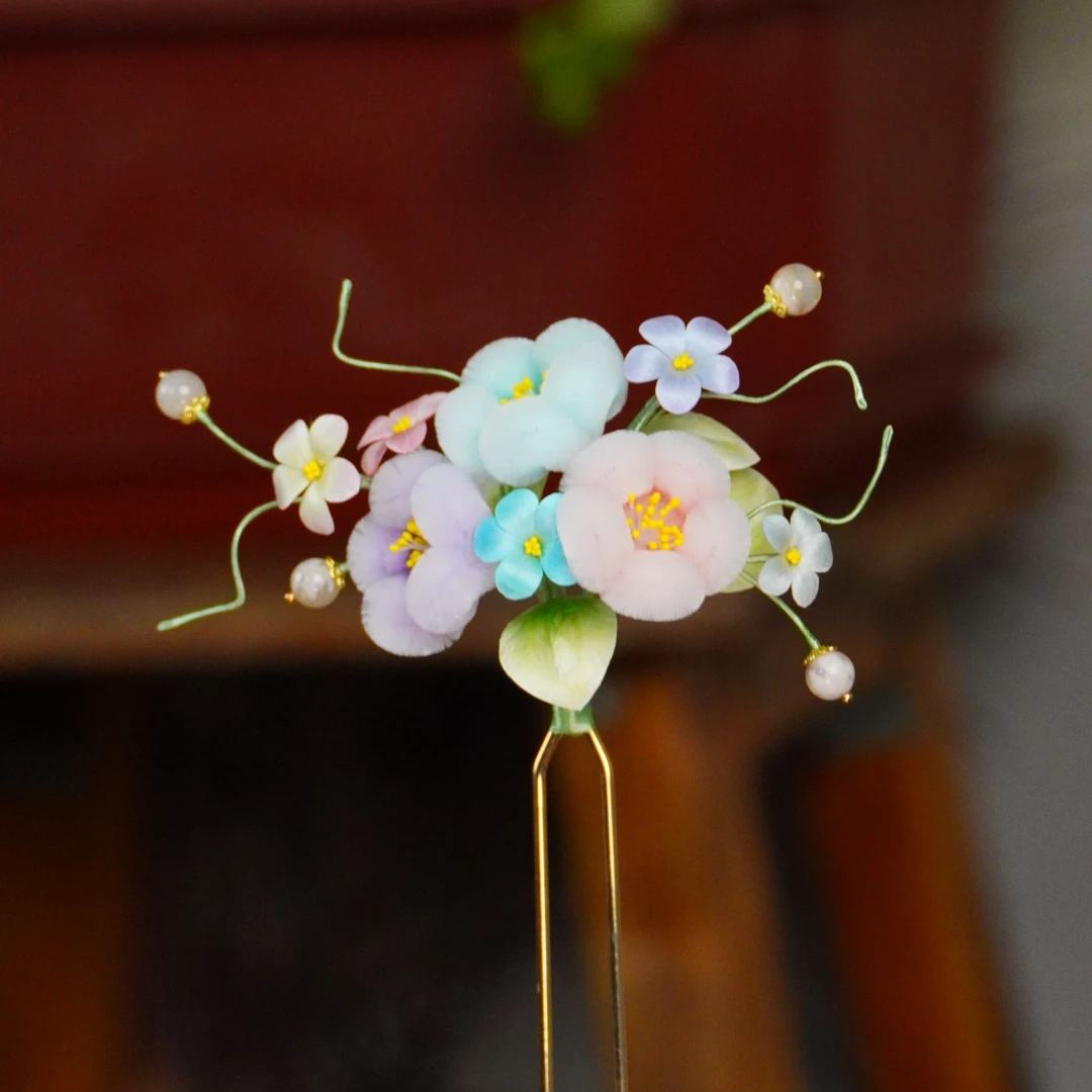 棉花胖胖绒清新多花U钗 非遗绒花湖北绒花手工艺古风簪发