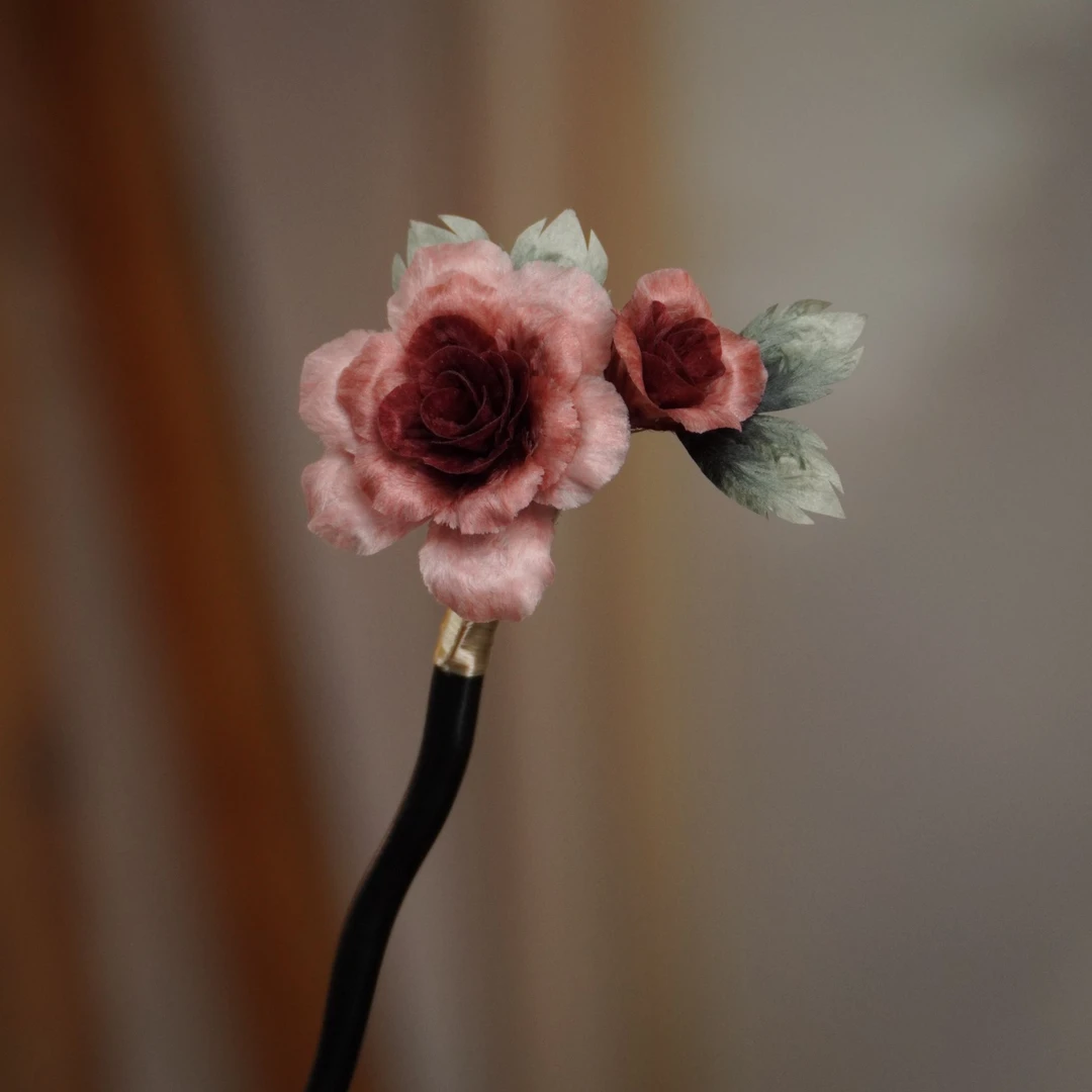 豆沙色玫瑰黑檀木发簪 非遗绒花 南京绒花 手工艺品复古发簪粉红