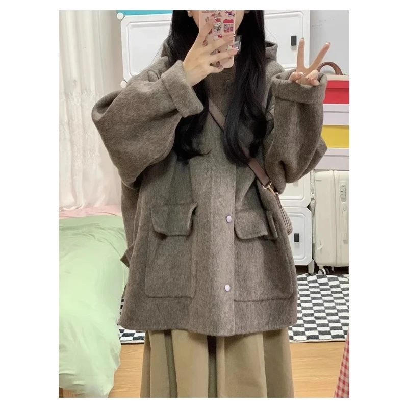 大码连帽毛呢开衫外套女秋冬胖mm24-300斤宽松设计感小众呢子大衣