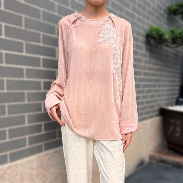 初春新款复古国风真丝丝绒上衣衬衫长袖宽松印花