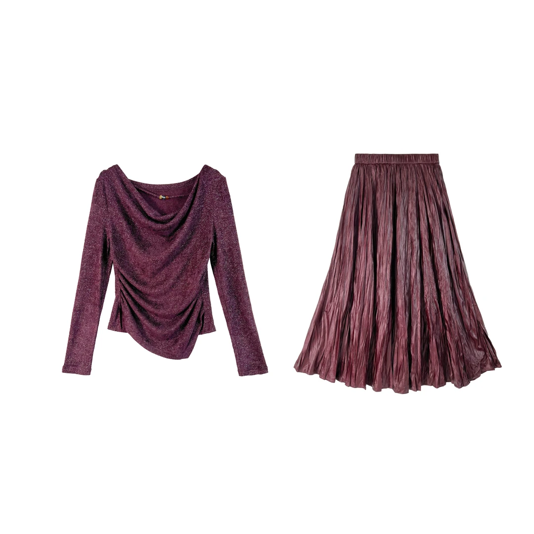 24秋冬款气质微透轻熟风星光闪闪薄款修身百搭打底衫半身裙套装