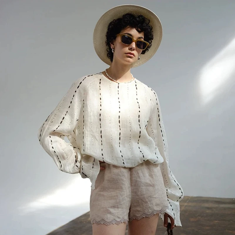 【清】亚麻长袖新款度假风防晒宽松小众设计衬衫H9025