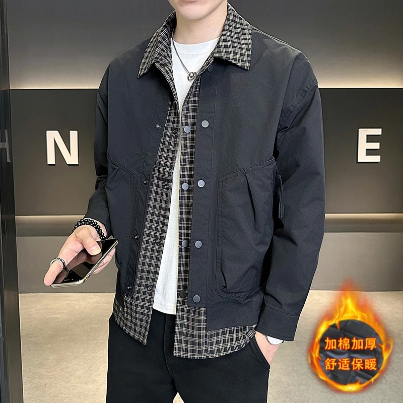 假两件格子外套男士保暖翻领夹克秋冬加棉加厚宽松小众时尚百搭潮