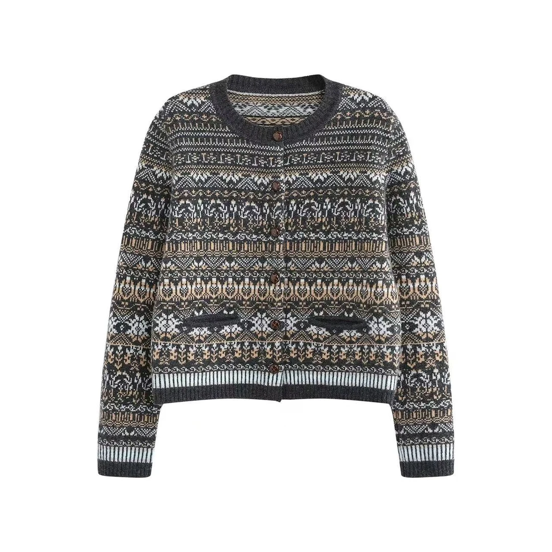 和润立亨【抽象艺术】时尚圆领全羊毛钩花毛衣女针织开衫外套秋冬