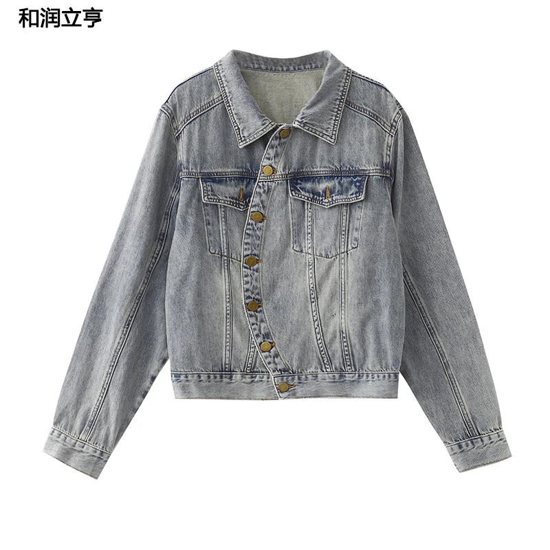 和润立亨欧货复古蓝色牛仔外套女春秋新款百搭显瘦时尚
