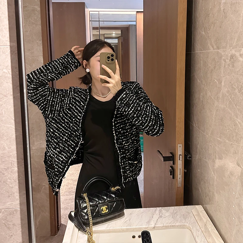 「子熙原创」柔软小个子毛衣外套女黑色小香风拼接撞色针织开衫3520