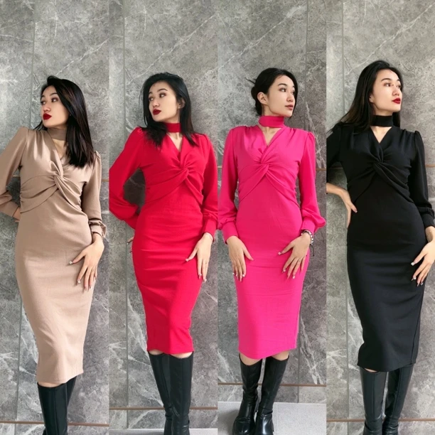 23266款时尚气质显瘦修身长裙包臀收腰秋冬开叉连衣裙