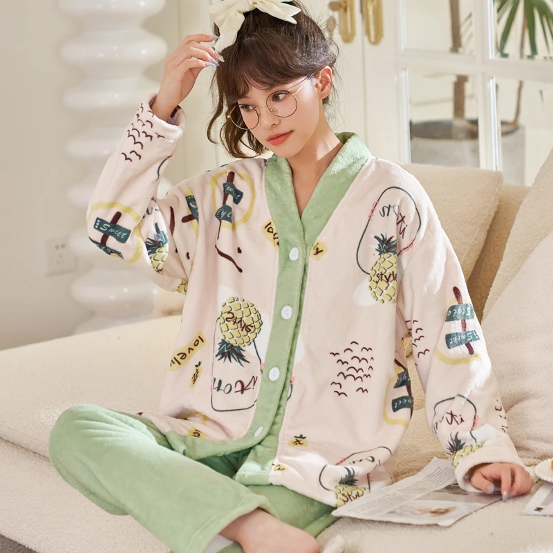 春秋珊瑚绒睡衣女秋冬季2024年新款加厚加绒法兰绒保暖家居服套装