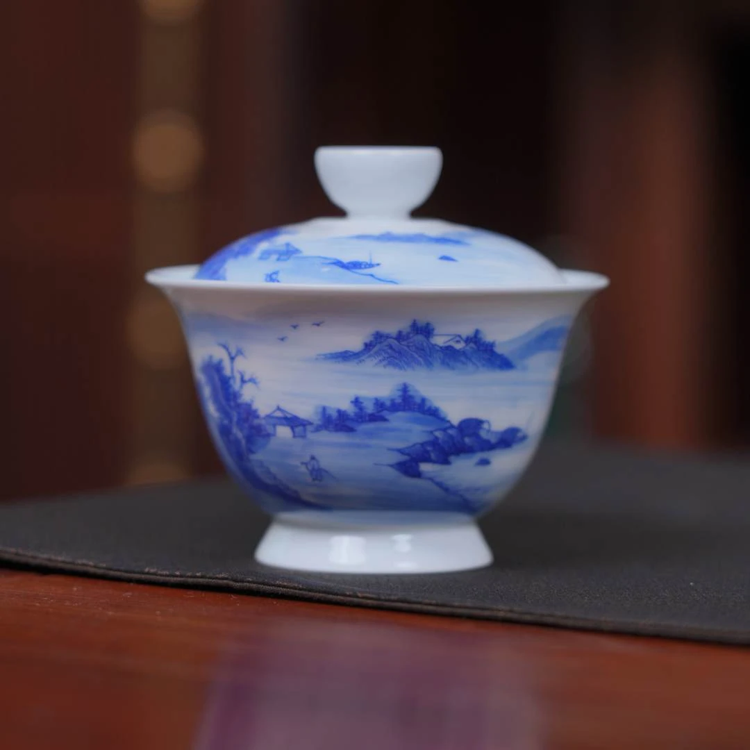 景德镇 瑞和 【手绘青花】山水高足盖碗 手工二才盖碗