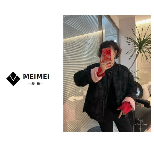 XMM.《流苏国风棉衣》时尚休闲百搭提花盘扣缎面流苏撞色国风棉衣