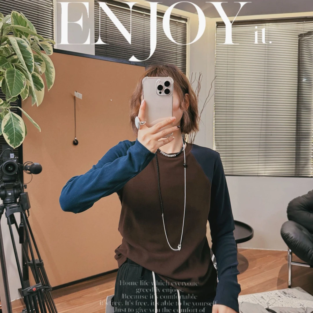 XMM.【拼色德容打底】长袖短款时尚休闲百搭圆领拼接百搭潮流衣1189