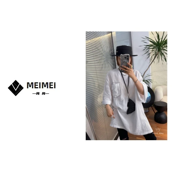 XMM.《明线口袋棉麻衬衣》夏季时尚百搭洋气休闲宽松长袖衬衣-9900#