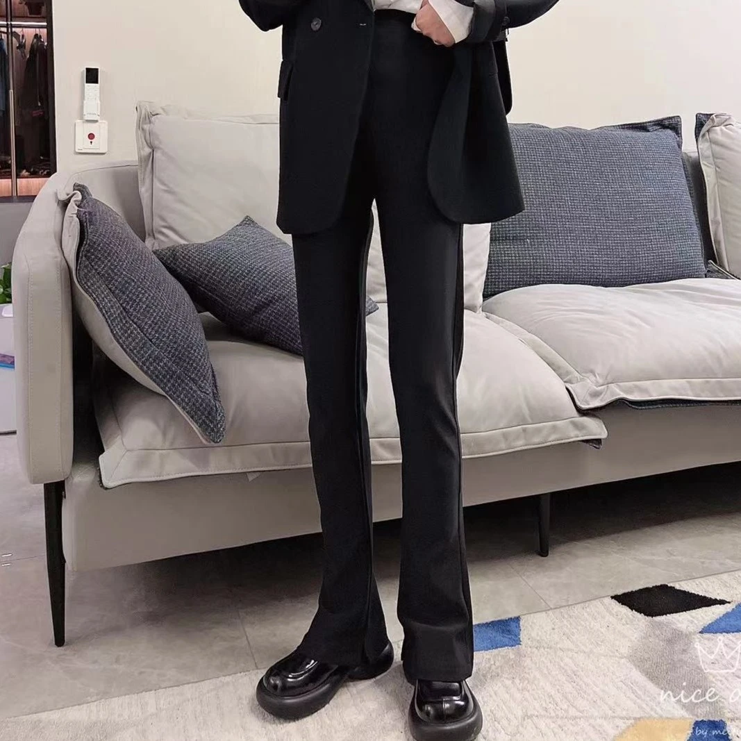 【梅梅店】显瘦天花板黑色阔腿直筒修身鸭掌裤开叉裤魔力裤-2318