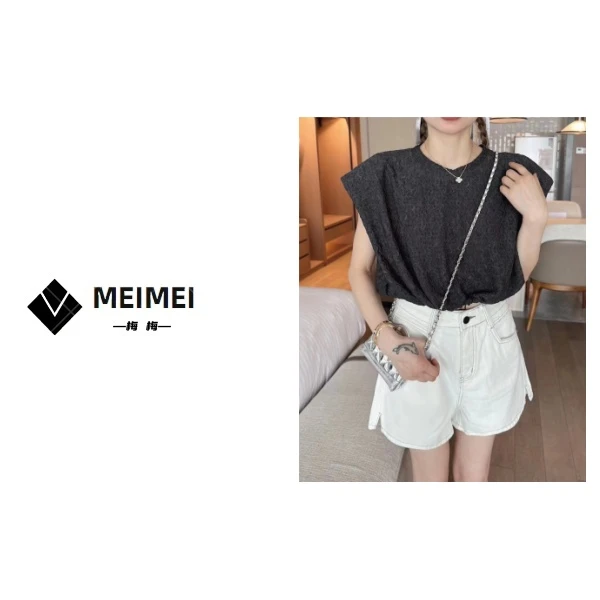 XMM.《圆领垫肩飞飞袖上衣》夏季时尚百搭洋气休闲飞飞袖上衣-2515