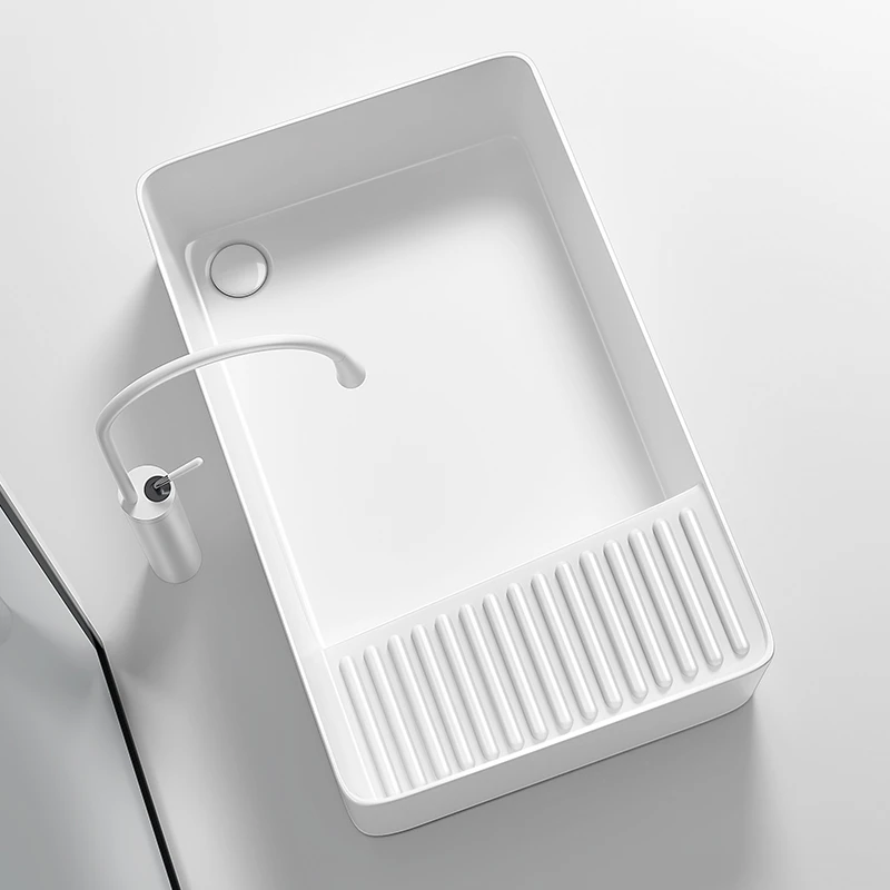 陶瓷台上盆后排侧边下水阳台洗衣盆带搓板洗衣池家用洗衣机洗手盆