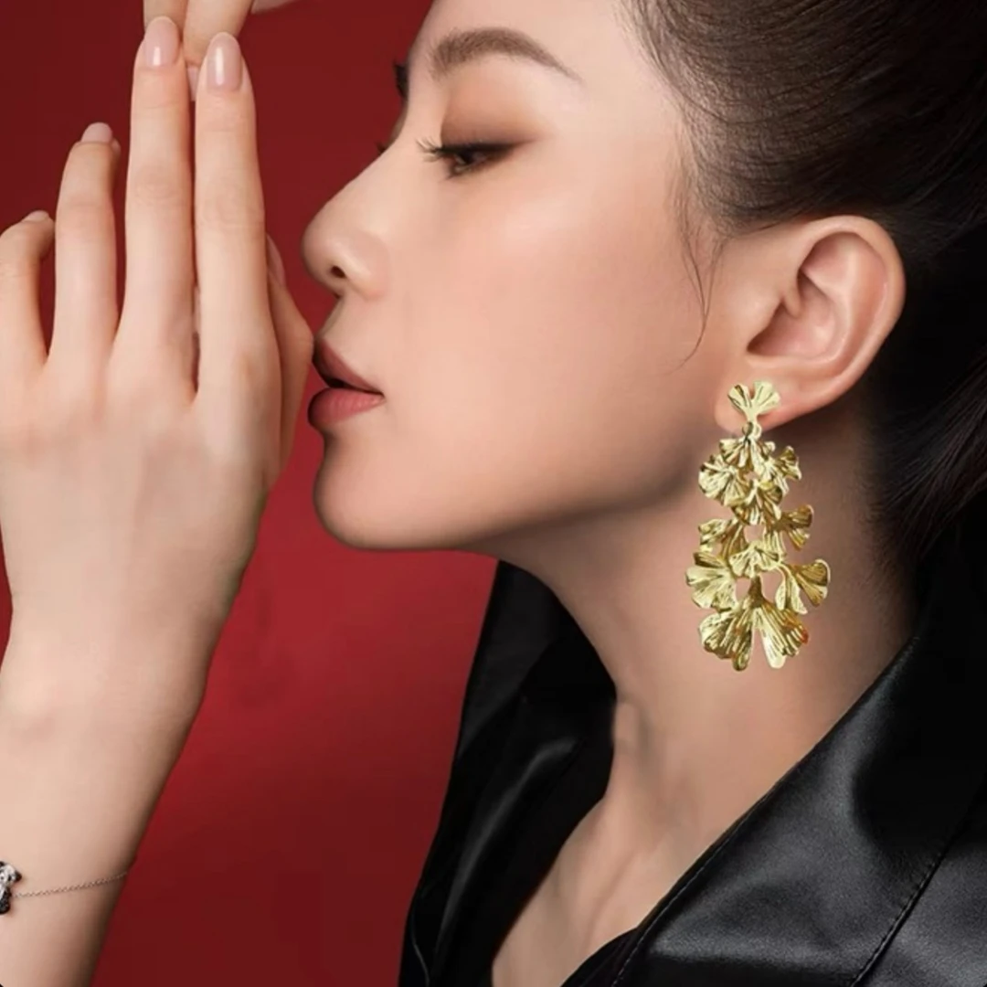 铜合金耳饰 欧美时尚轻奢气质设计感小众银杏叶耳环